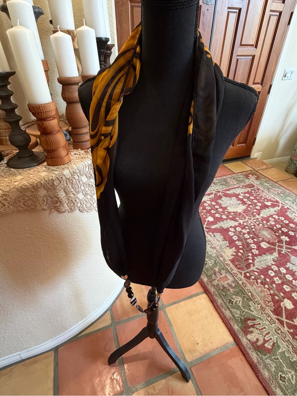 Elegant Black & Mustard Infinity Scarf Necklace with Beaded Accent - Picture 5 of 8